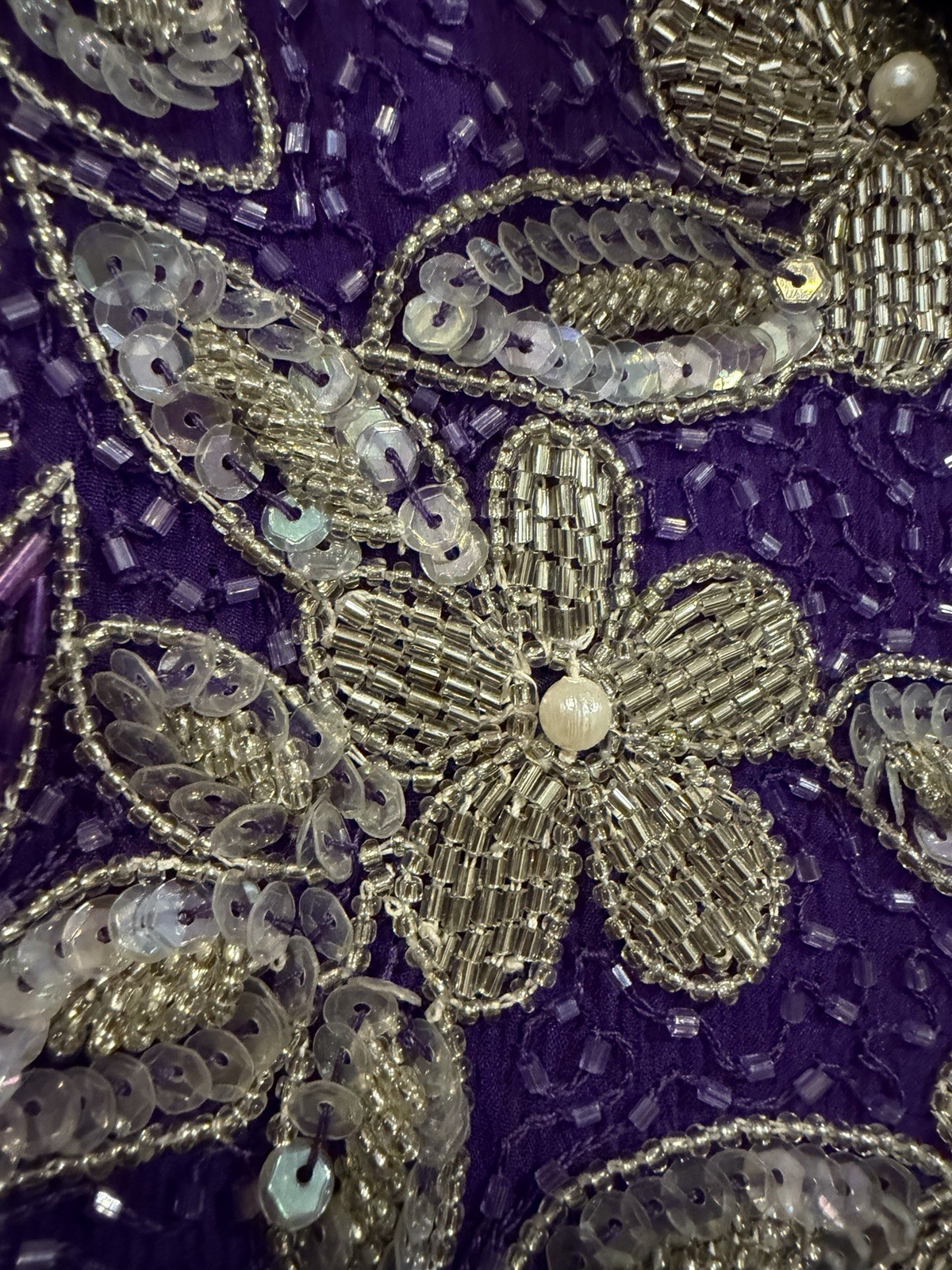 80S Vintage Sequin Imports 100% Silk Purple And Silver Beaded Ball Gown. READ