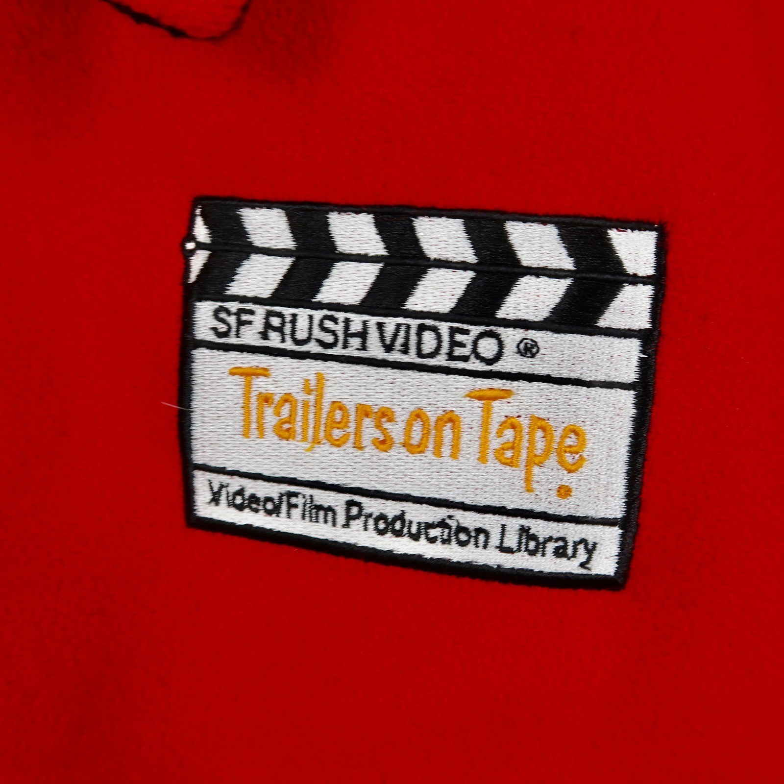 Vintage 90s Varsity Jacket Red Wool Trailers on Tape Hollywood USA Kim Small S