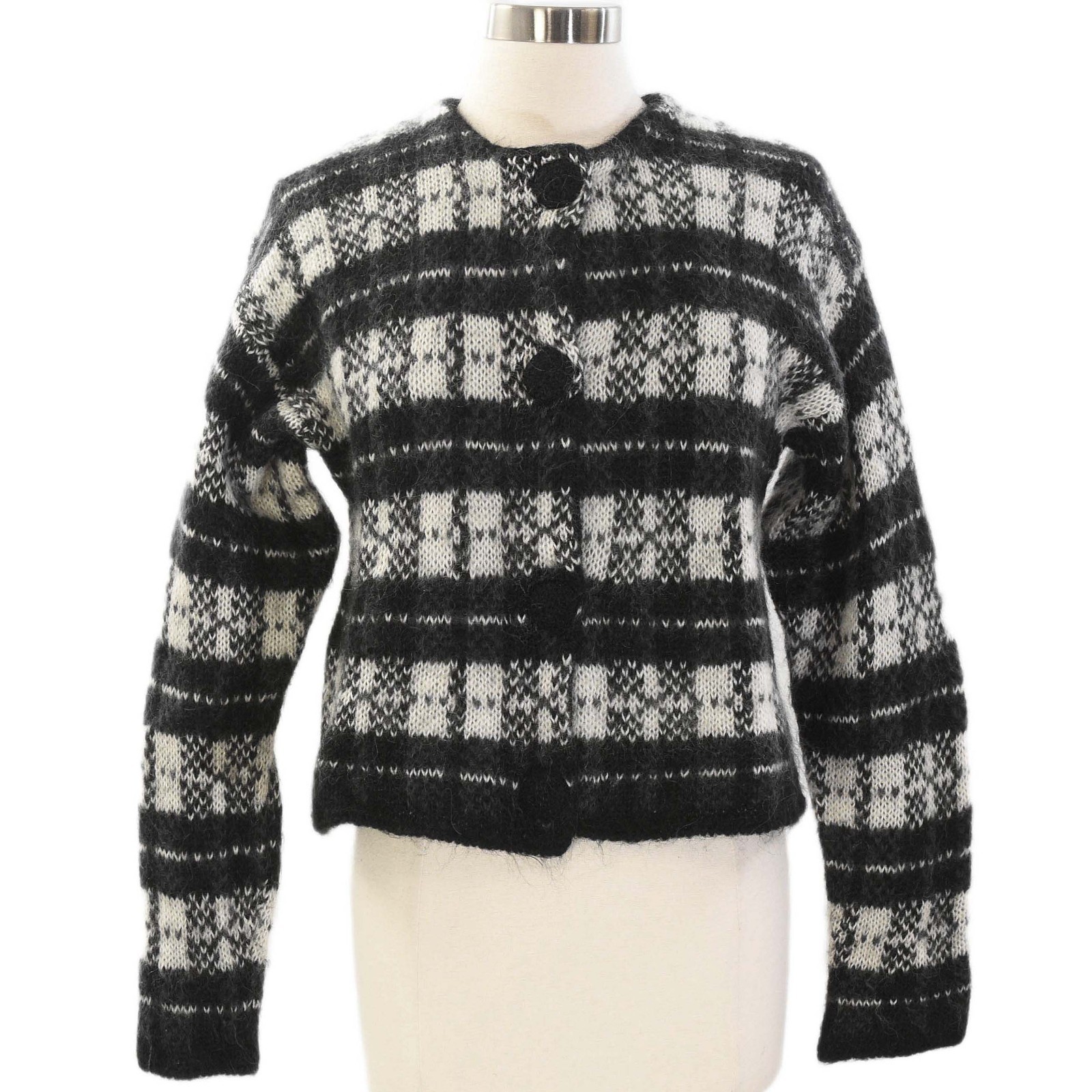 80s Vintage Mohair Cardigan Preppy Sweater Womens M Black & White Plaid Checked