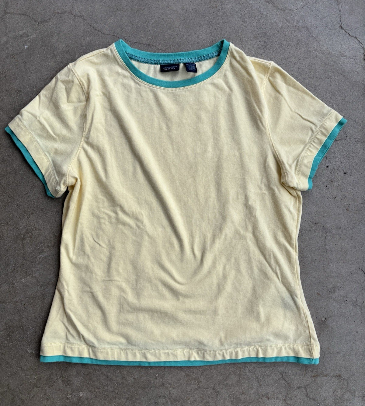 Vintage 90s Westbound Pale Yellow & Teal Contrast Trim Ribbed Tee Shirt M