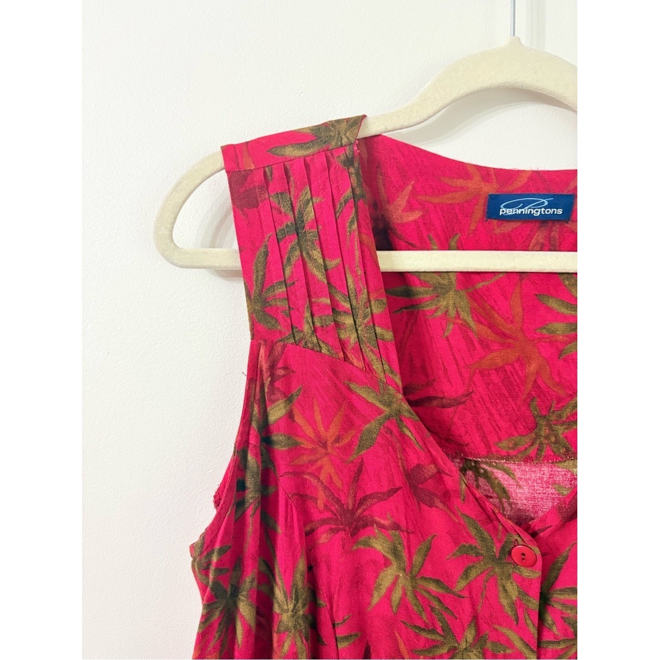 VTG 90s PENNINGTONS Tropical Palm Print Red Maxi Dress Flowy Vacation Summer L