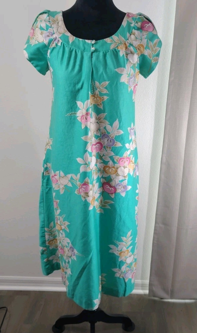 VTG 70s Sun Fashions of Hawaii Cotton Muumuu Dress Teal Hibiscus Floral Midi M