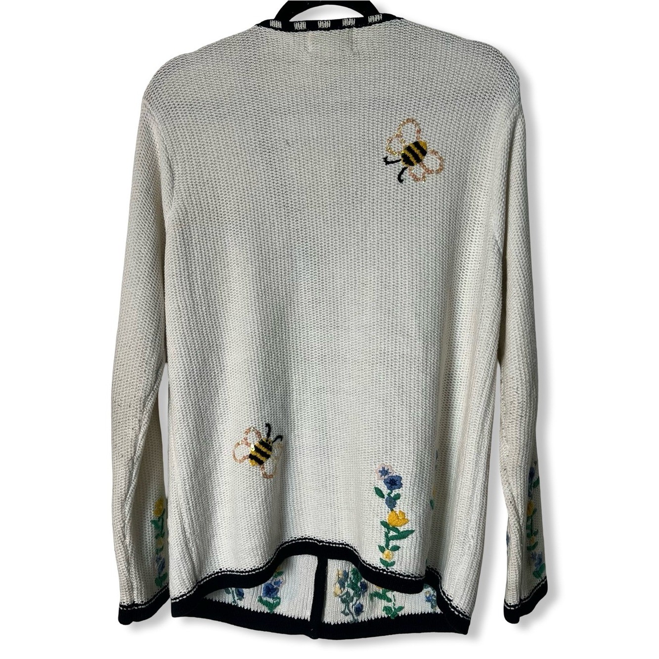 Vintage Quacker Factory Bee Floral Embroidered Cardigan Sweater 90s Sz M