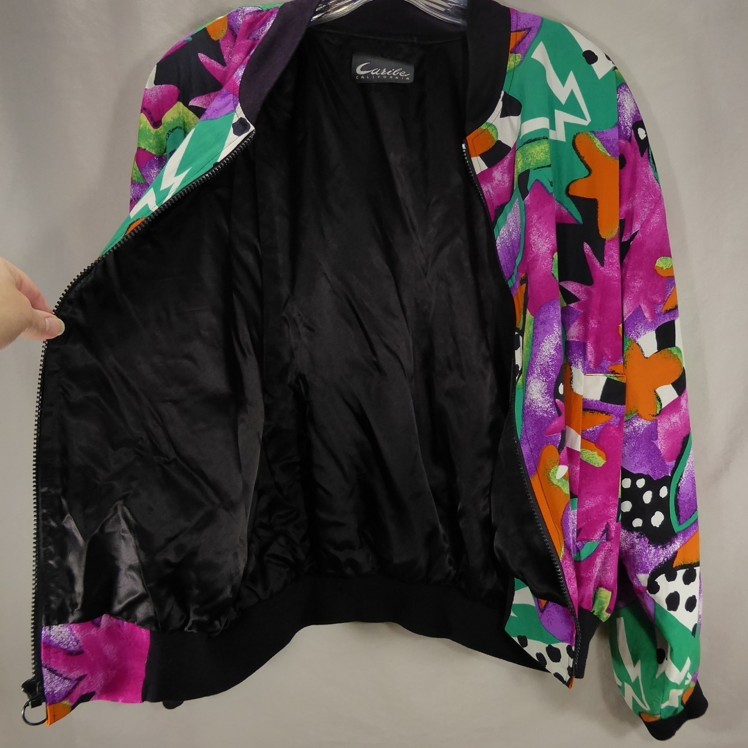 Womens Vintage 80s Caribe Silk Bomber Jacket Pink Green Abstract Geometric M/L