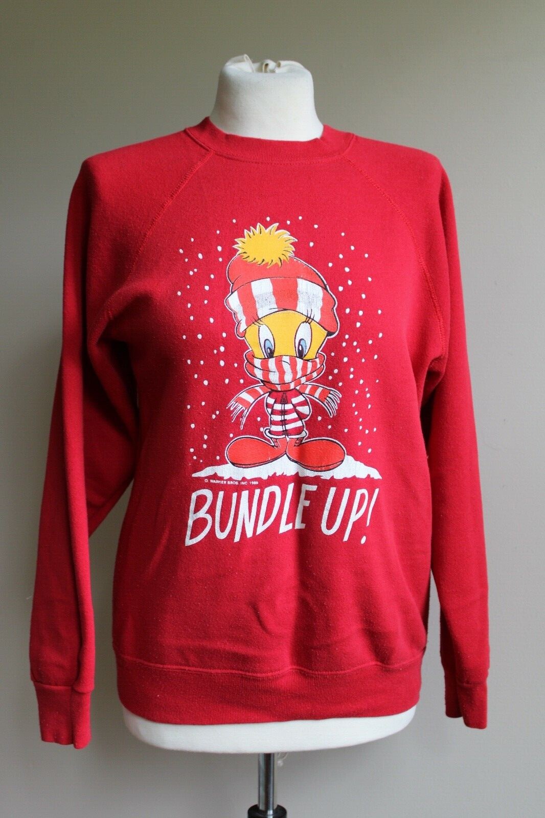 Vtg 80s Tweety S Bundle Up Winter Snow Red Sweatshirt Top Artex Warner Bros