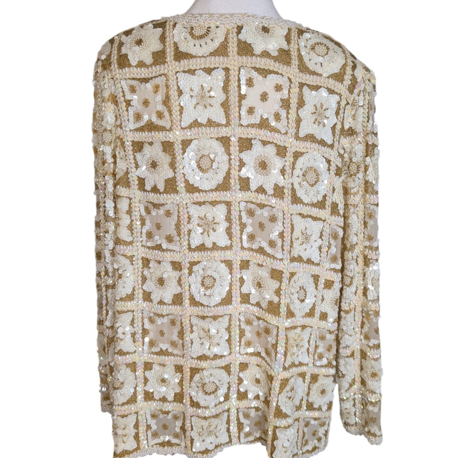 Galleria International Vintage Silk Beaded Sequin Jacket Gold Cream Floral Sz 14