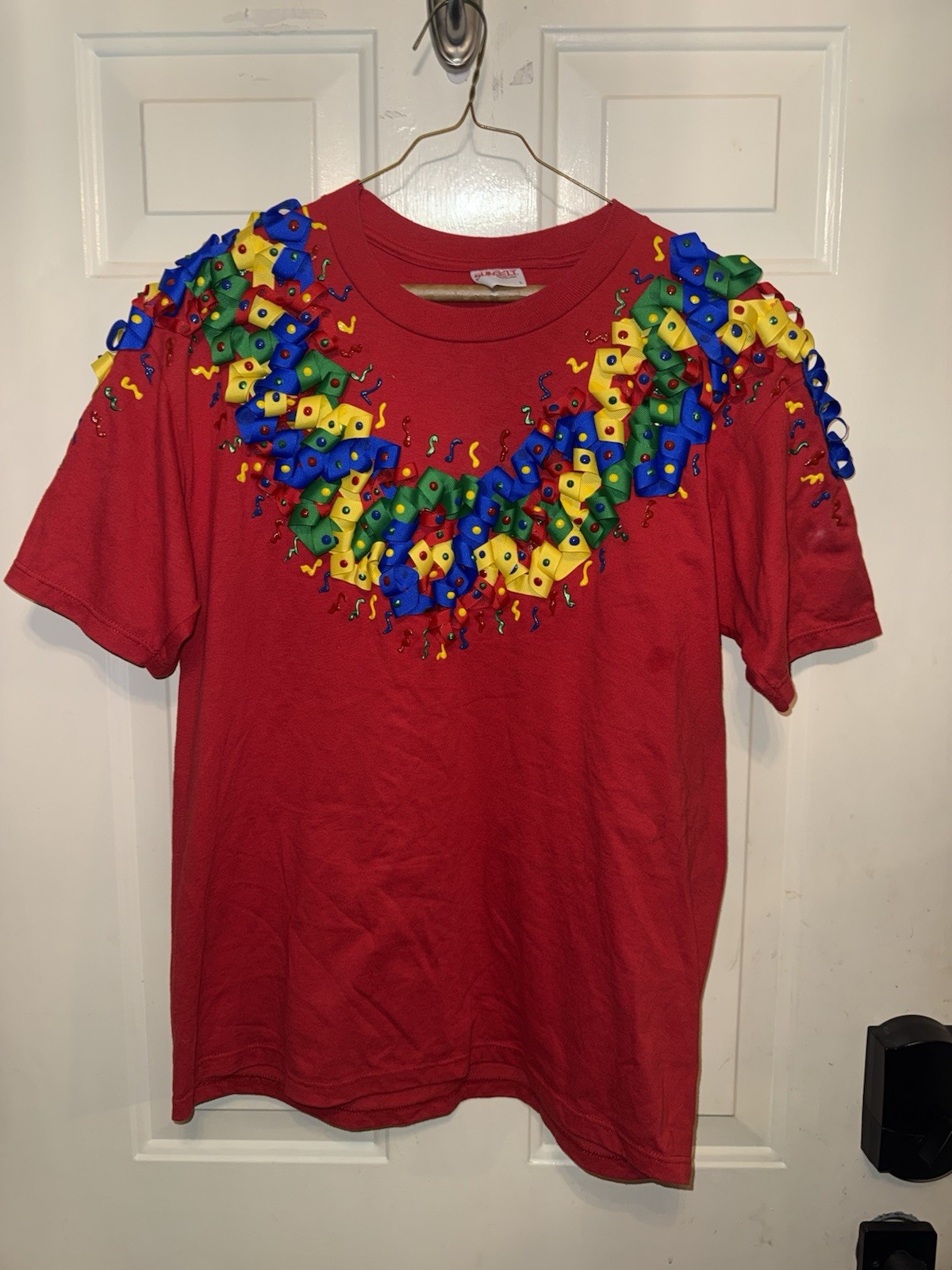 VTG 80s 90s Puff Paint Shirt Women’s Red Blue Sports Cheer Dance Large (WTF77)