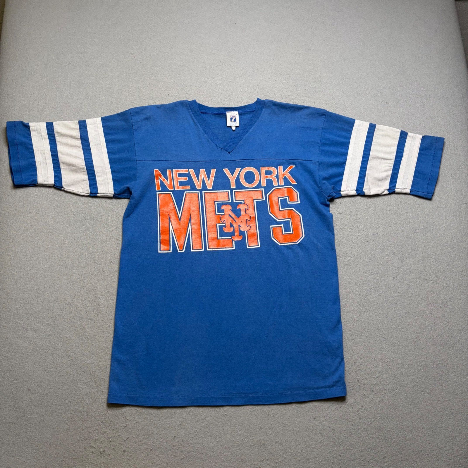 Logo 7 Shirt Womens M Blue New York Mets Vintage 80s Jersey Style Striped Sleeve
