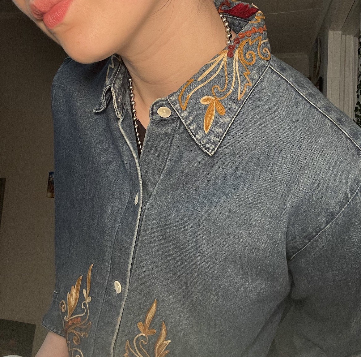 Vintage Embroidered Denim Button Up Casey Coleman 100% Cotton Size Small
