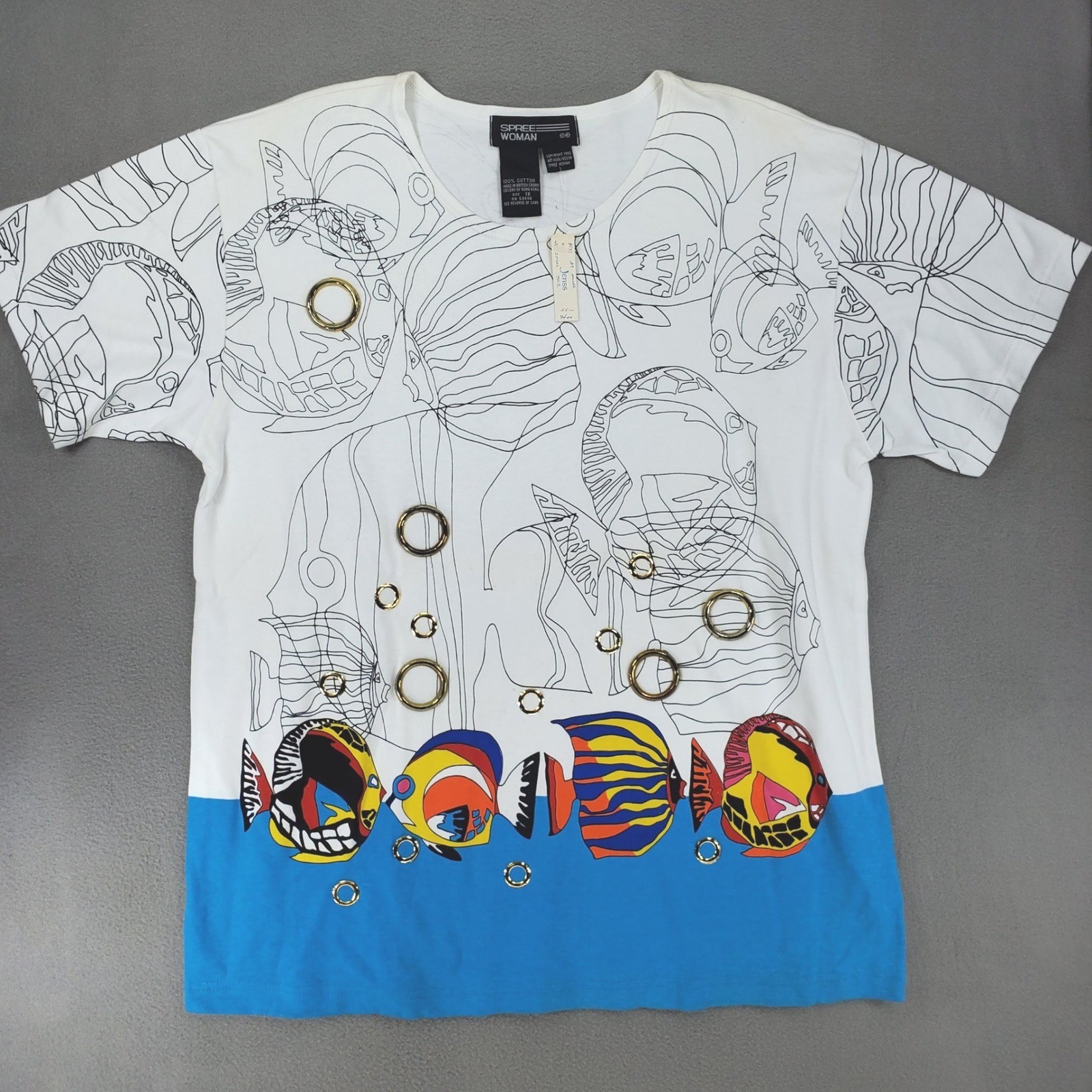 Spree Woman T-Shirt 1X White Vintage 1992 Tropical Fish Graphic Gold Rings 90s