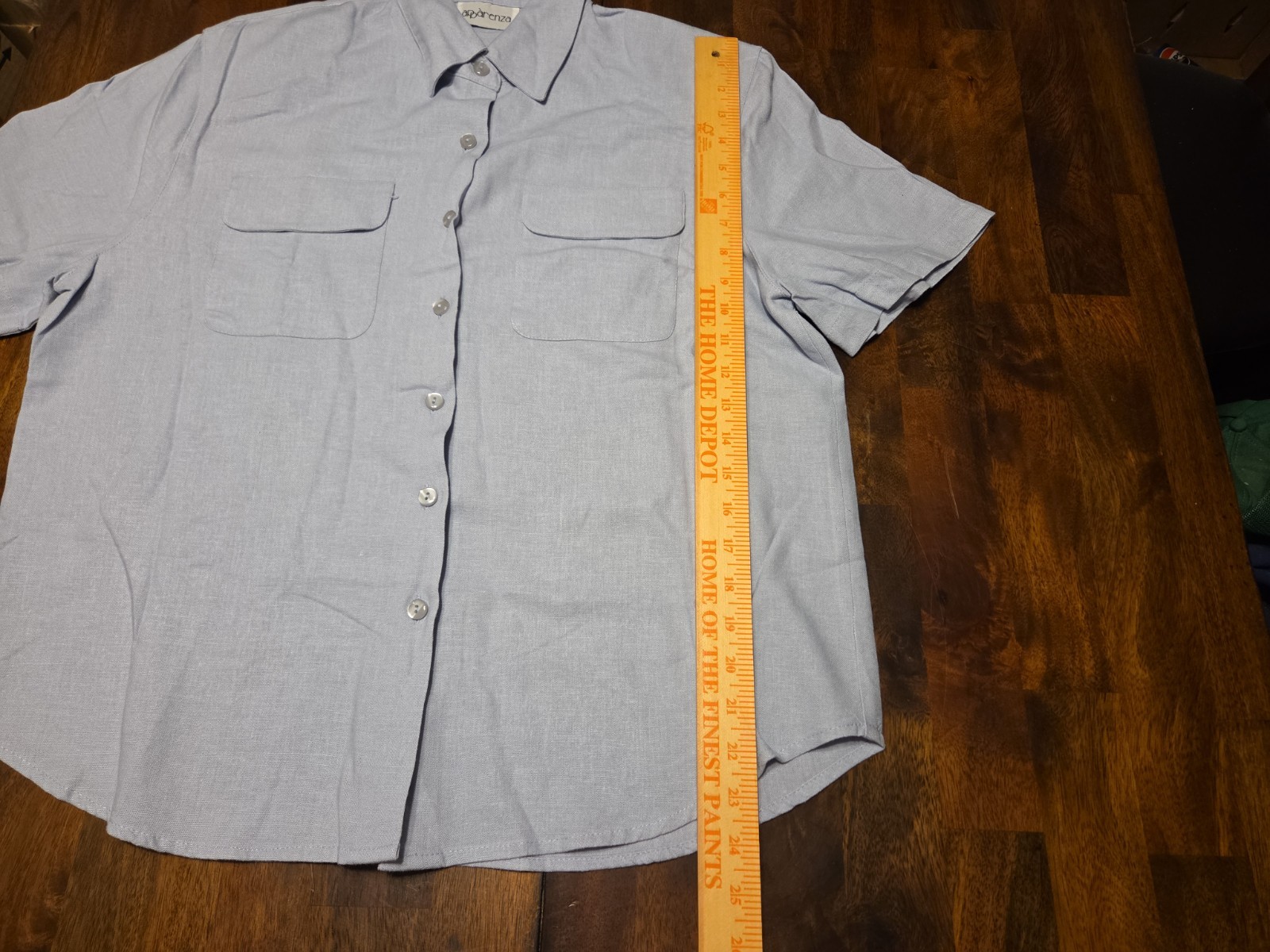 VTG Apparenza Blue Linen Rayon Camp Shirt Petite L Flap Pockets Shoulder Pads