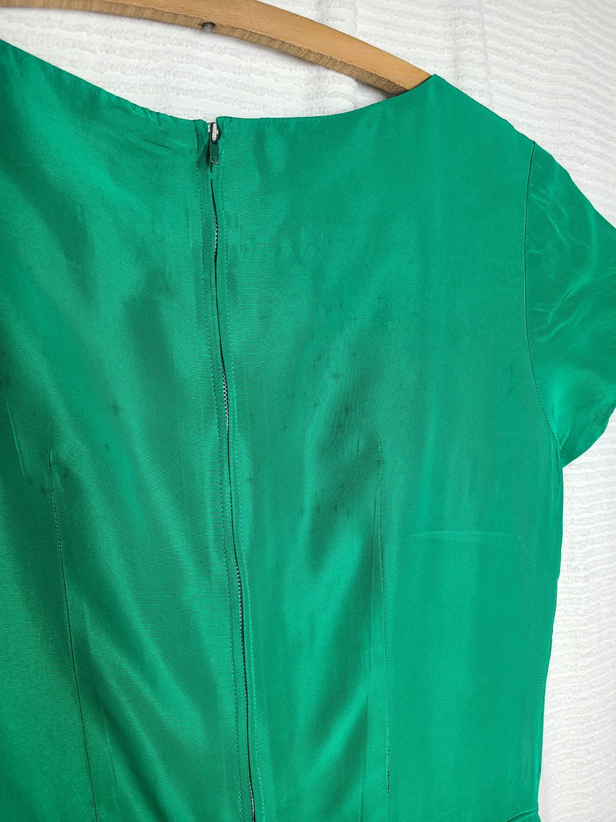 Vtg 60s Emerald Green Portrait Collar Dress Metal Zip Full Pleat Skirt Rayon 27w