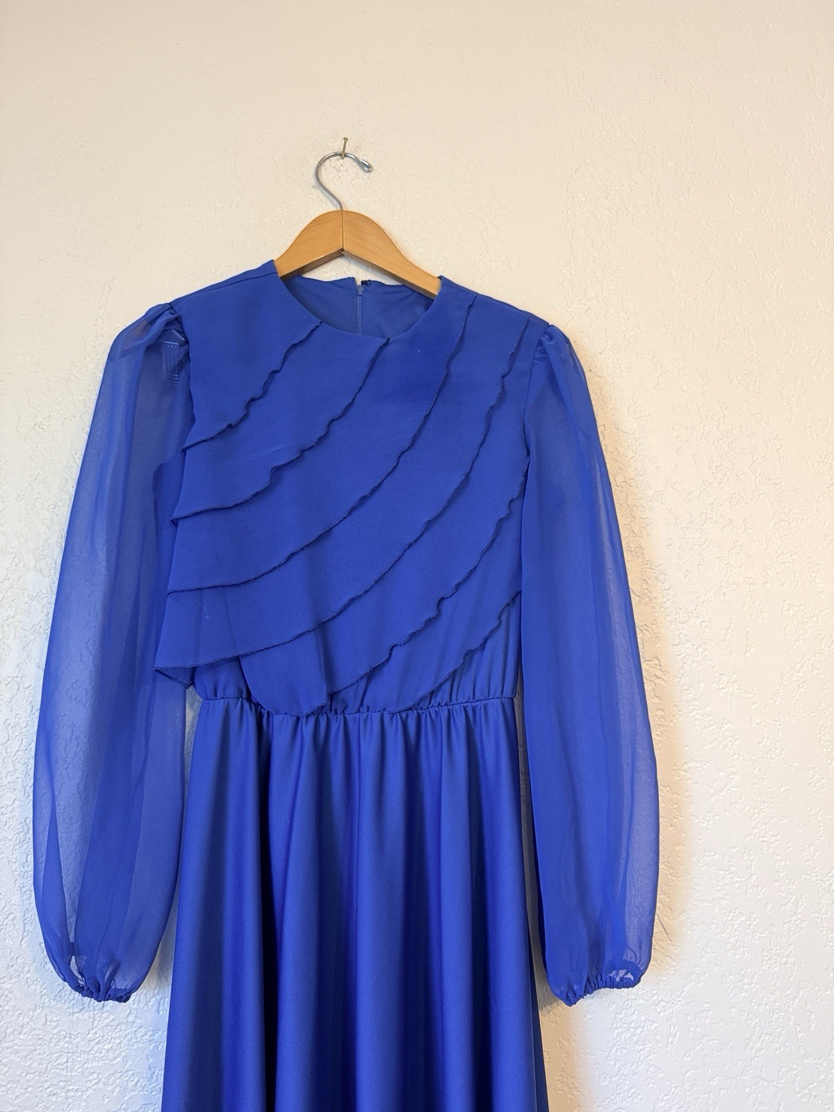 Amy-Deb Vintage 80s Blue Chiffon Ruffle Midi Dress Deadstock NWOT Sz 10