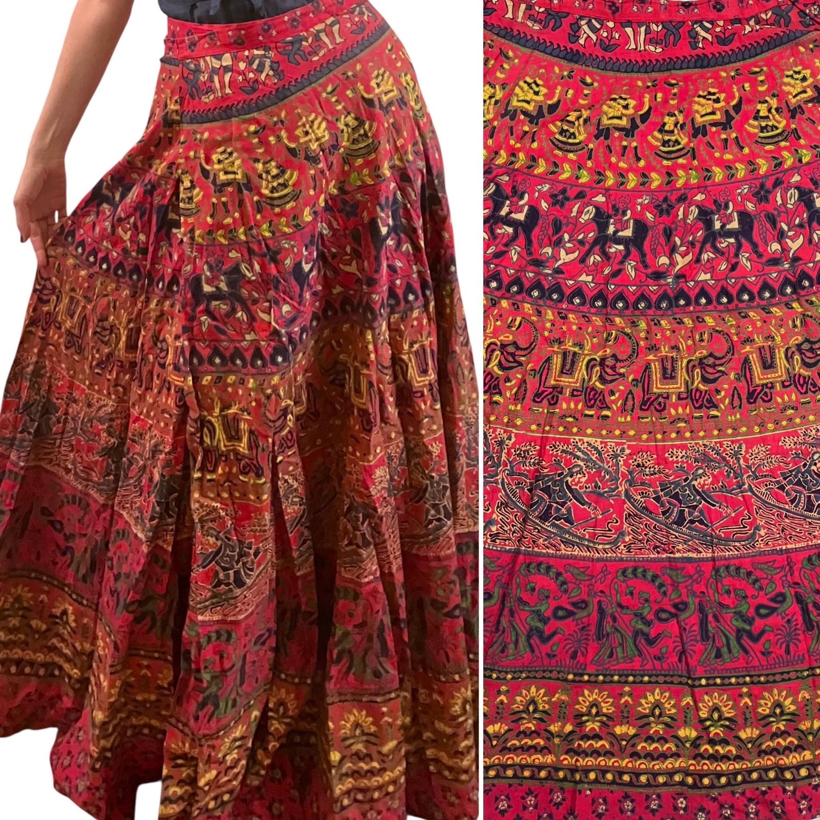 Vtg 70s Indian Block Print Maxi Wrap Skirt Cotton Boho Elephant Camel Red Black