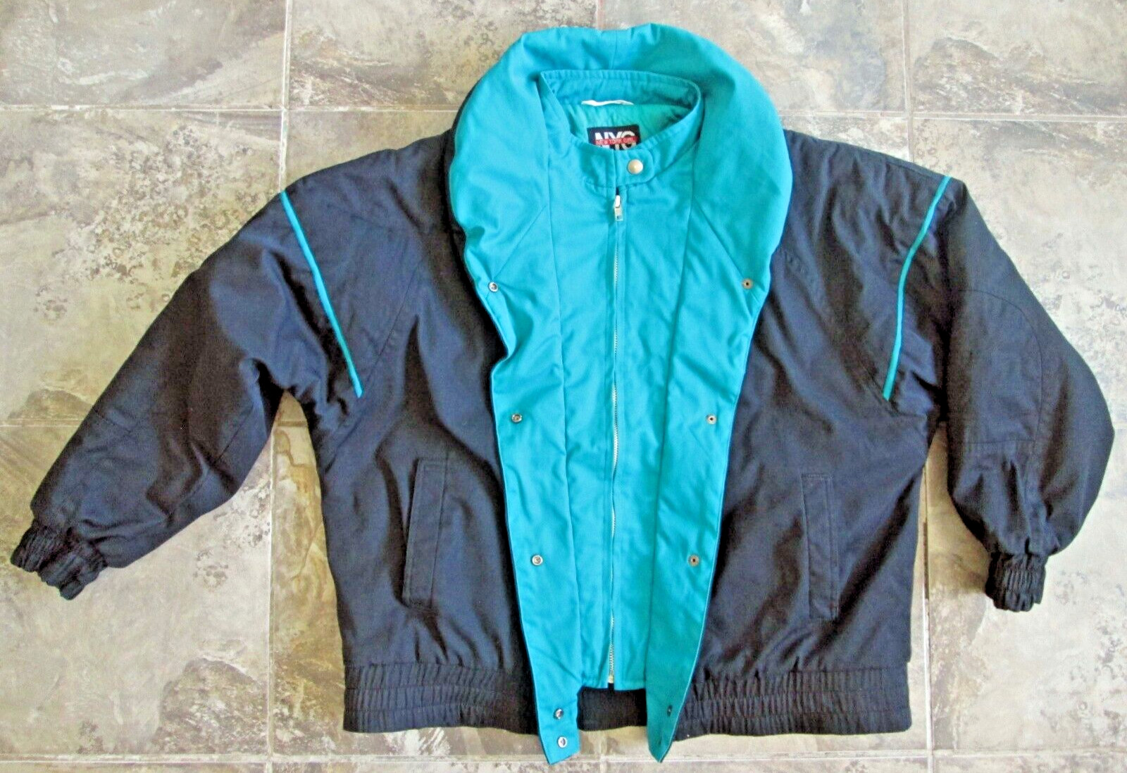 Vintage NYG New York Girl Jacket Large Puffer Quilted Black Teal Snap + Zipper