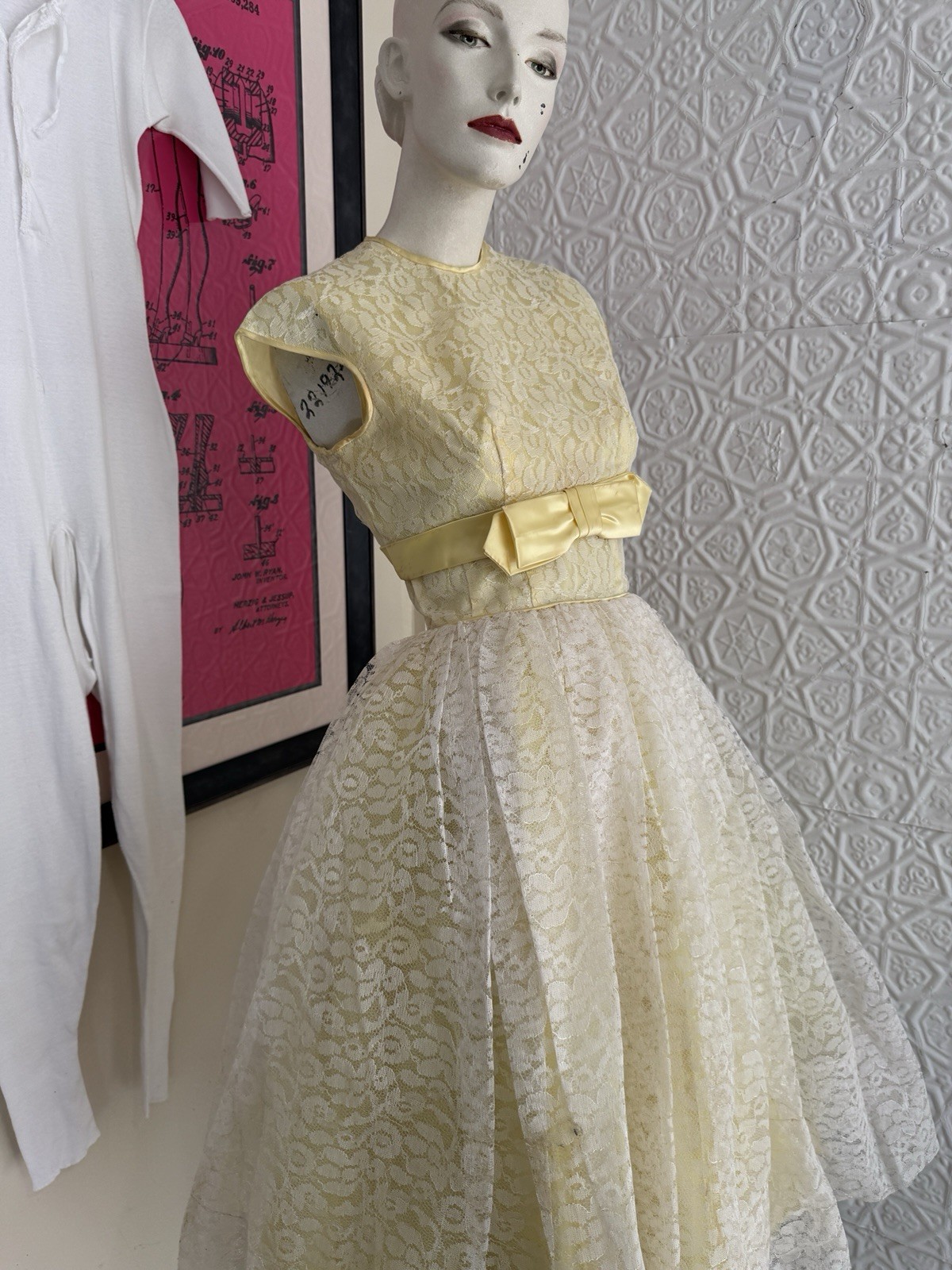vintage party dress 1950s midcentury yellow lace tulle fit flare small coquette
