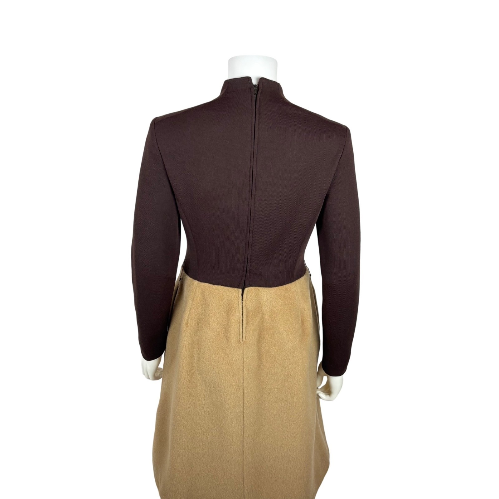 Vintage 60s Mod Dress Womens Small Wool Blend Brown Beige Knee Length Mockneck
