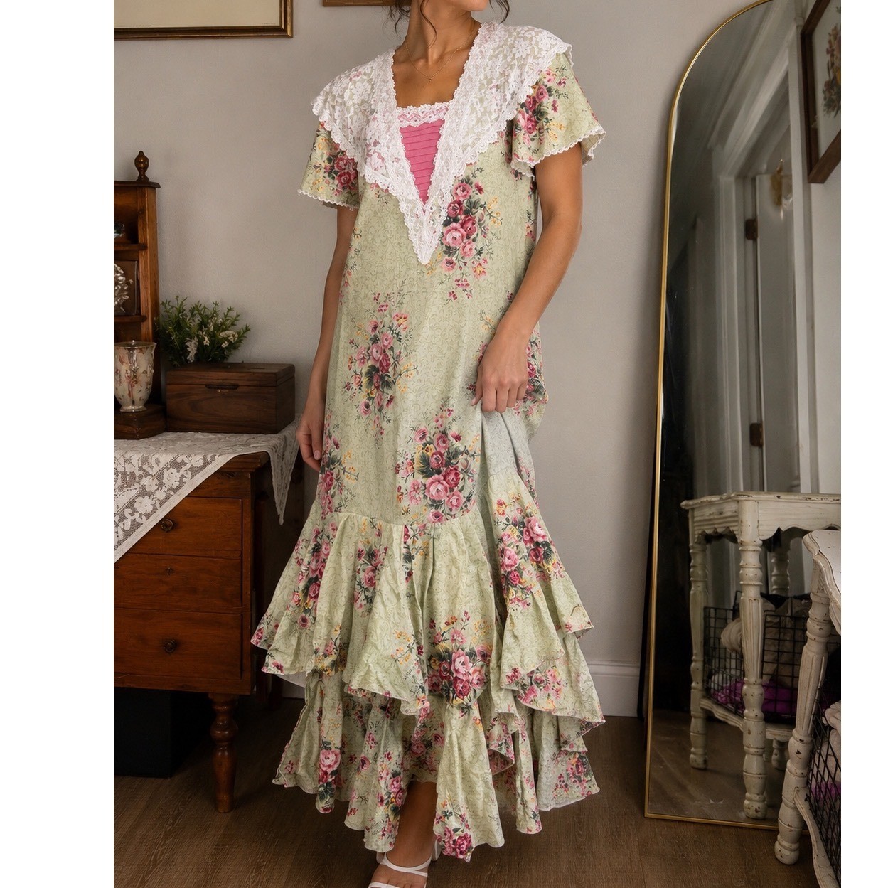 Vintage 90s Princess Kaiulani Hawaiian Holomu Floral Lace Ruffle Maxi Dress LRG