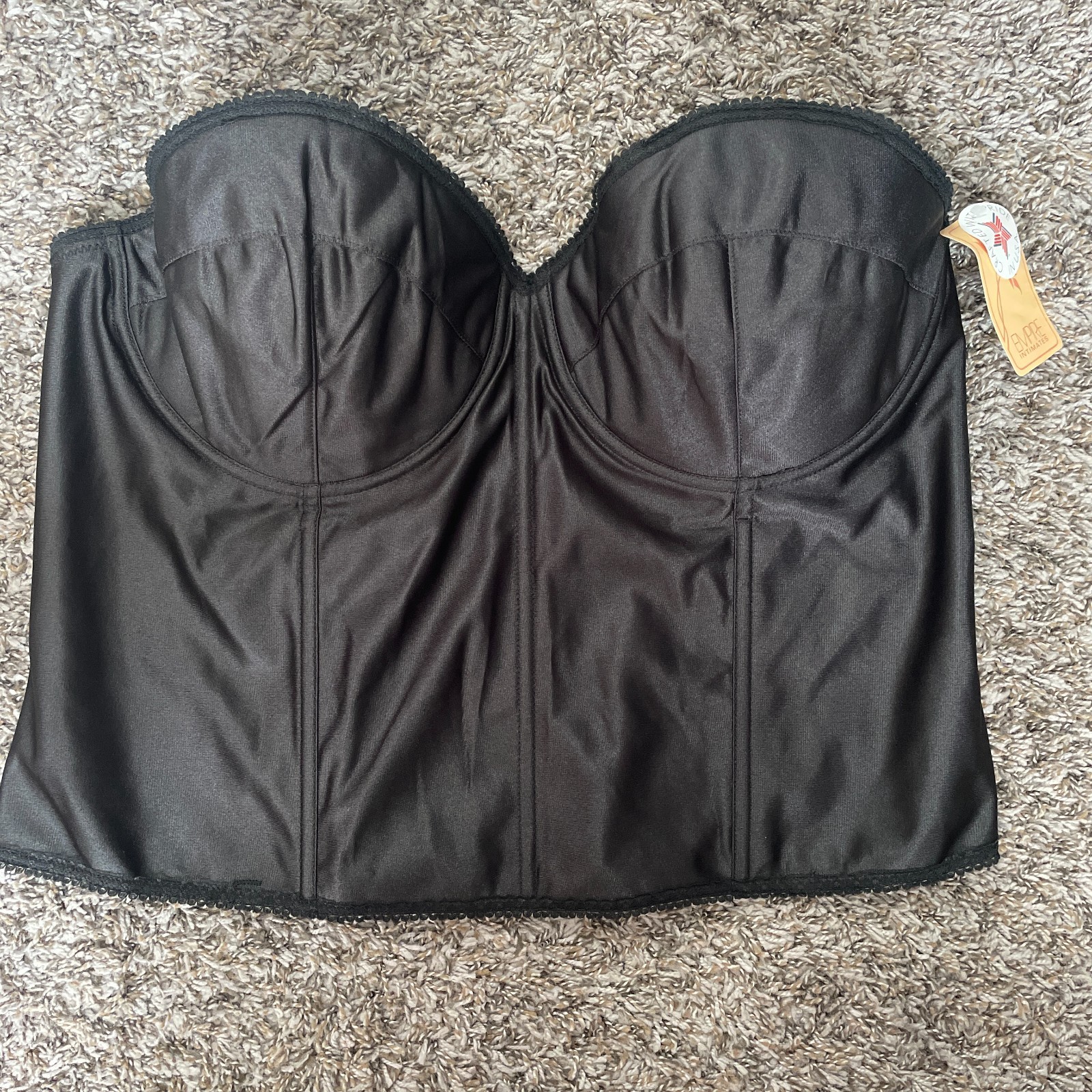 Vintage Corset Bustier Plus Size 46DD Black Satin Lace Trim Lingerie Boudoir Bra