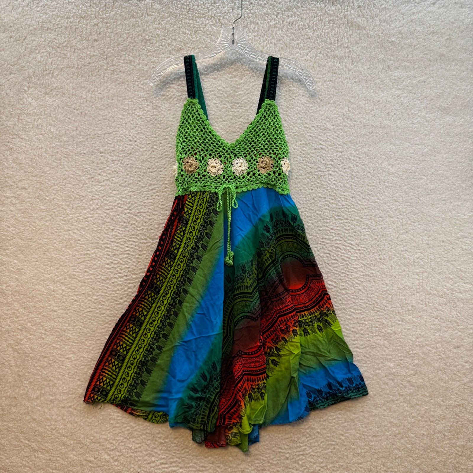Y2K Vintage Mini Dress Small Medium Rainbow Colorful Crochet Floral Boho Hippie