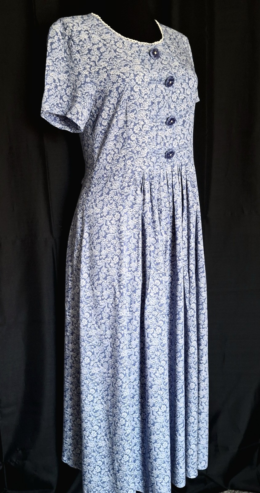 Vtg 90s blue floral Tie Back midi Dress Cottage Prarie Modest romantic Sz S