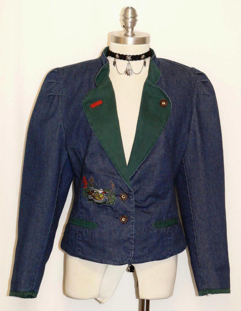 BLUE ~ COTTON Jean German Women DUCK EMBROIDERY Fitted SHORT Walk JACKET 36 8 S