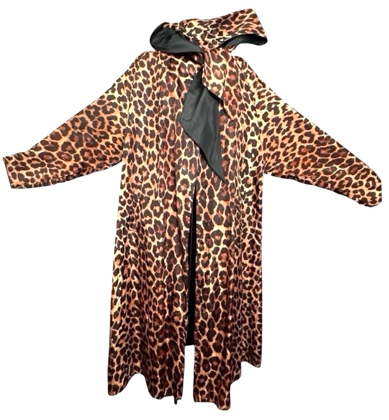 1950s Reversible Silk Satin Duster Coat Leopard Print Hooded Pockets