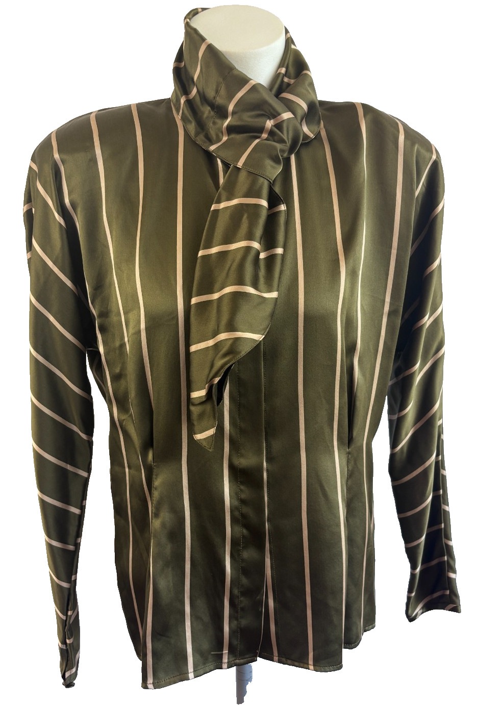 Vintage 70s Import Image Moss Green & Tan Stripe Silk Secretary Blouse Womens 8