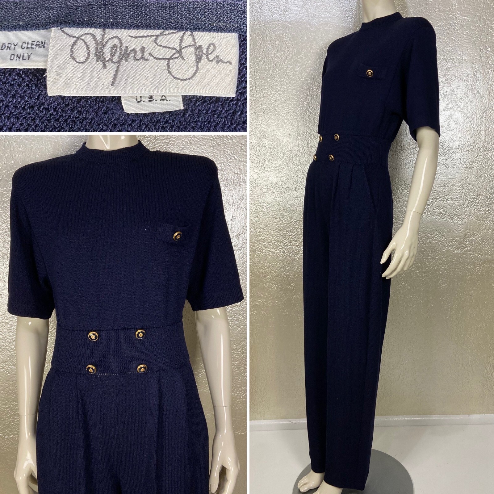 Vintage 1980 Ladies ST JOHN Navy Blue Santana Knit Sweater Jumpsuit Gold Button