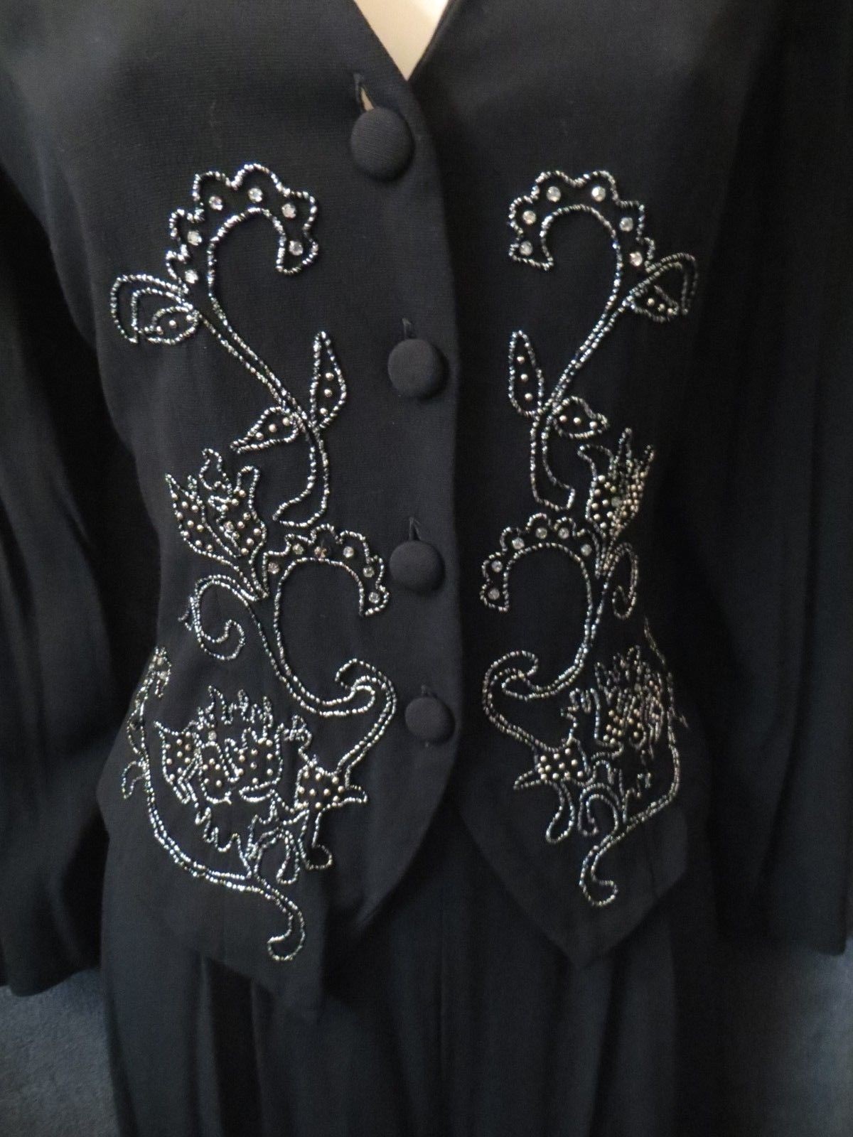 80’s 90’s Vintage Karin Stevens Black Rayon Silver Rhinestone Vest Jumpsuit 8