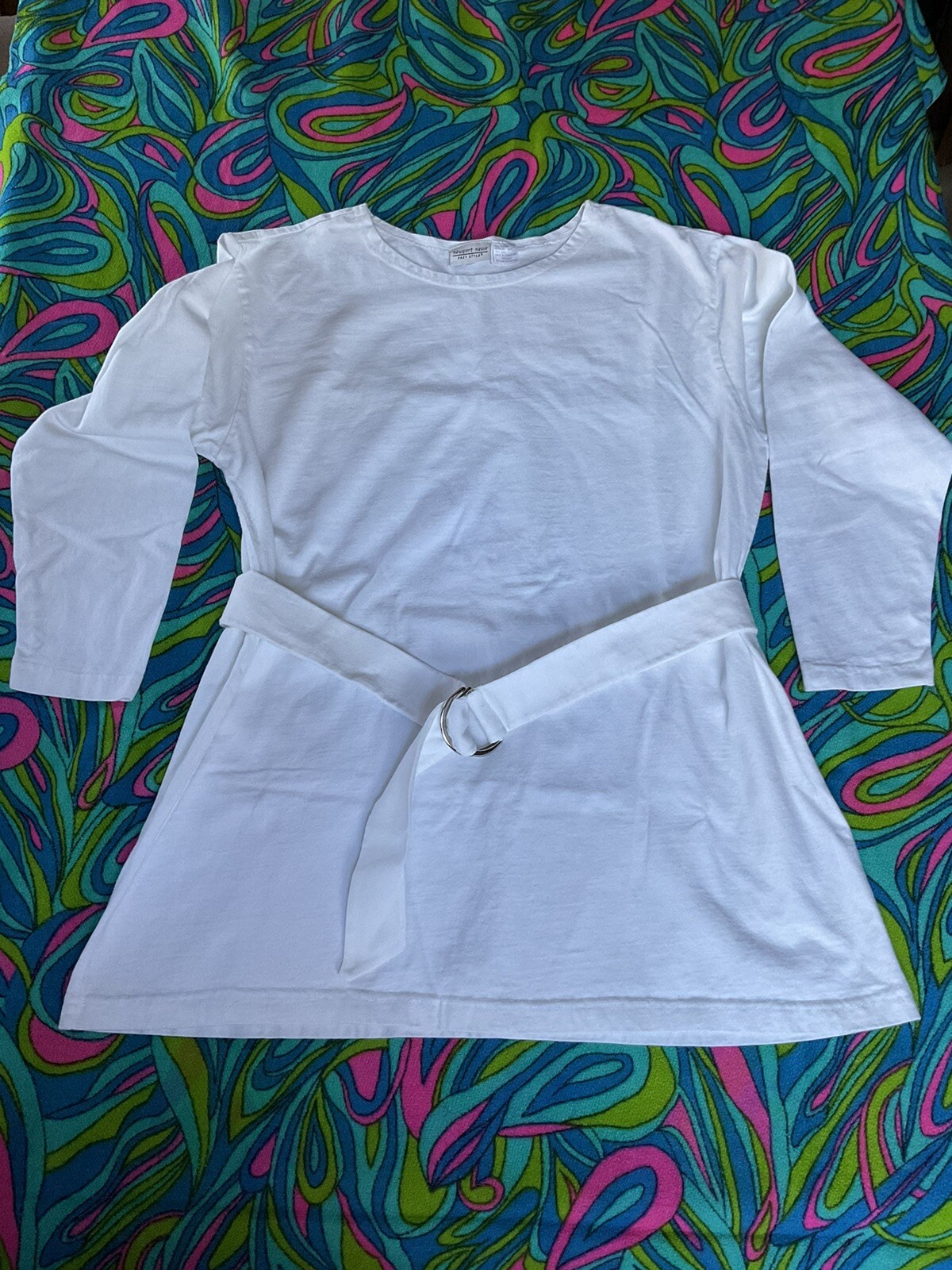 Vintage White DressyT-Shirt 3/4 Sleeve Metal Ring Matching Belt Newport News 90s