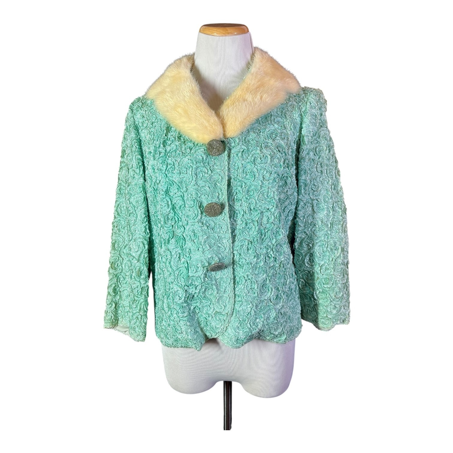 Vintage 1950s Helen of Memphis Costume Room Size 12 Green Jacket Fur Collar