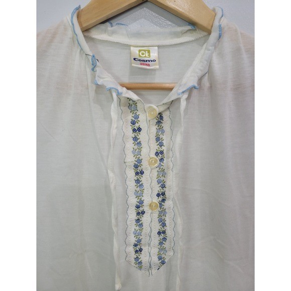 Vintage Cosmo White Cotton Modal Embroidered Nightgown Blue Lettuce Edge Trim L