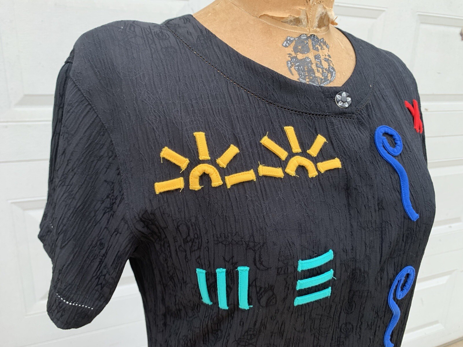 Vtg 1980s Drop Waist Pop Art Appliqué Dress B Blast Bust 40 S/M