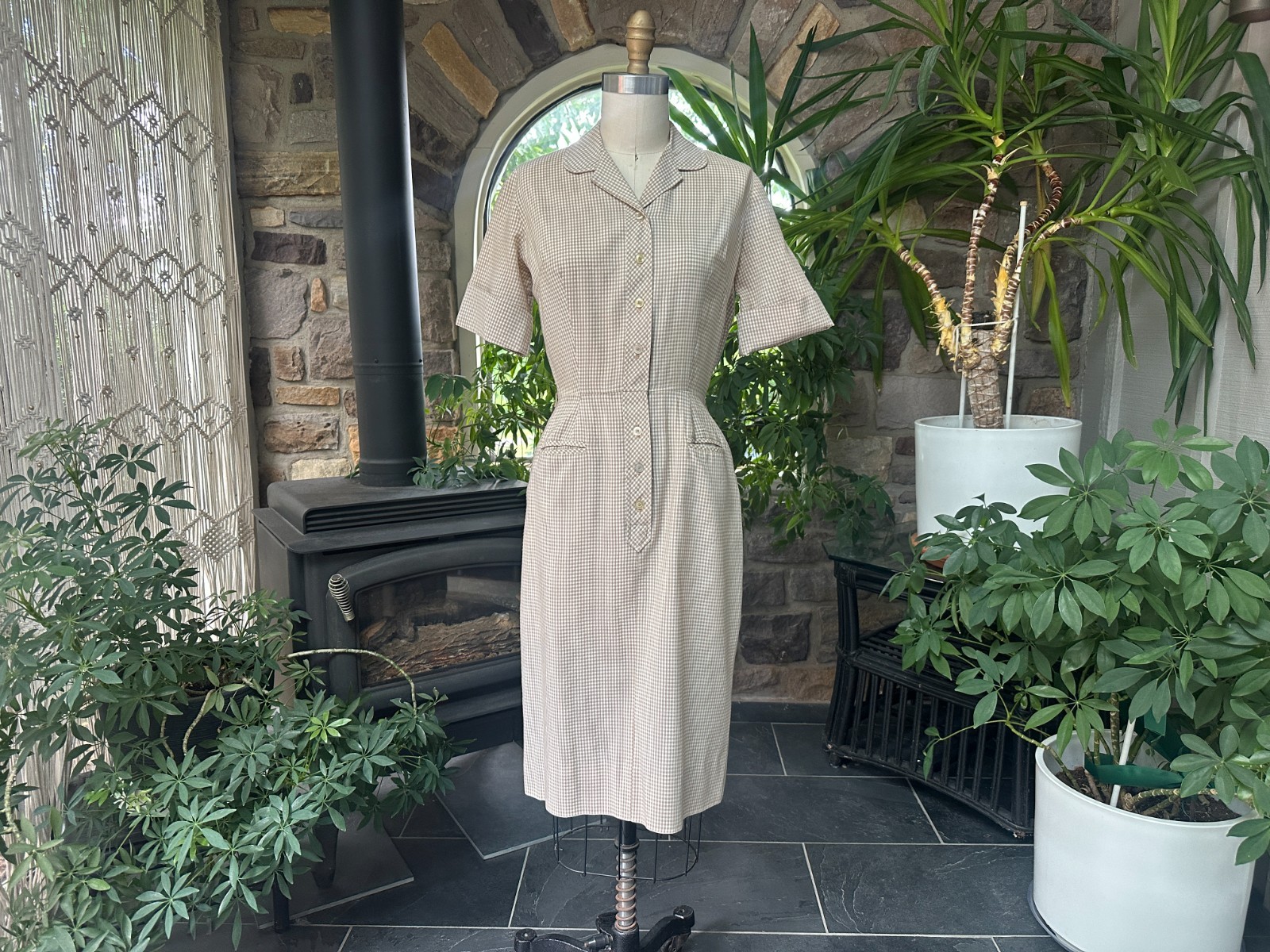 Vintage 1950s Taupe and White Cotton Gingham Day Dress Bobbie Brooks