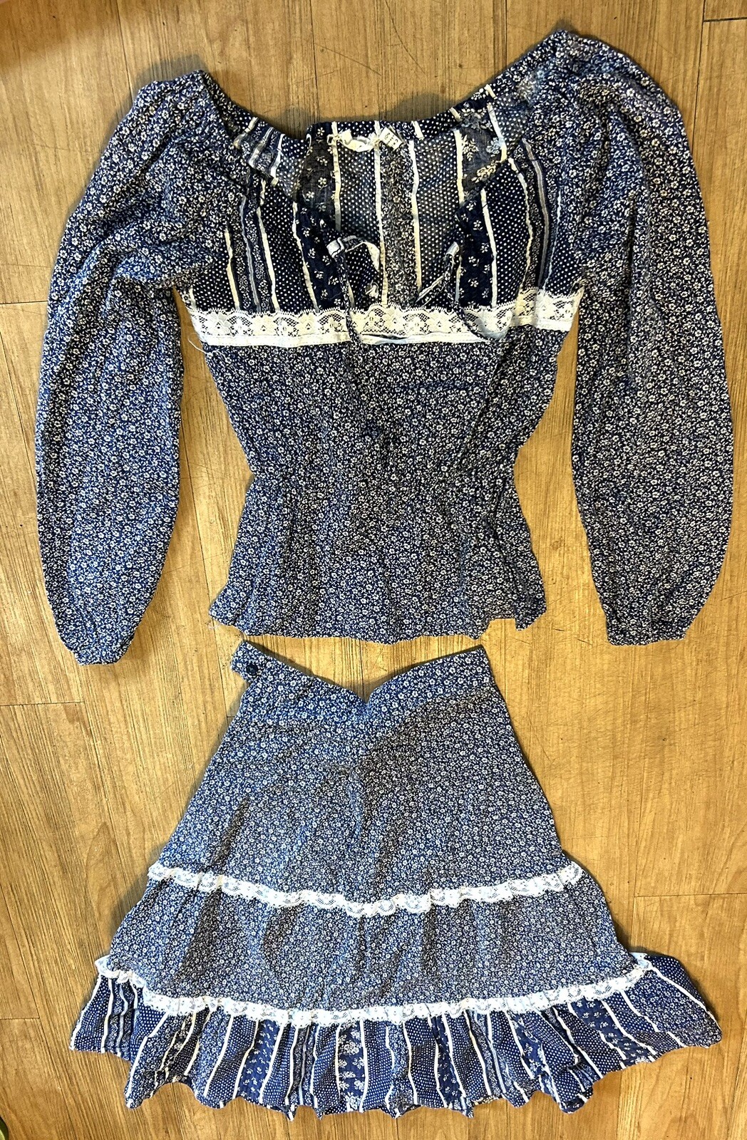 Vintage Prairie Dress 2 Pc Skirt Blouse Tier Cottage Pastoral S 30 Leo New York