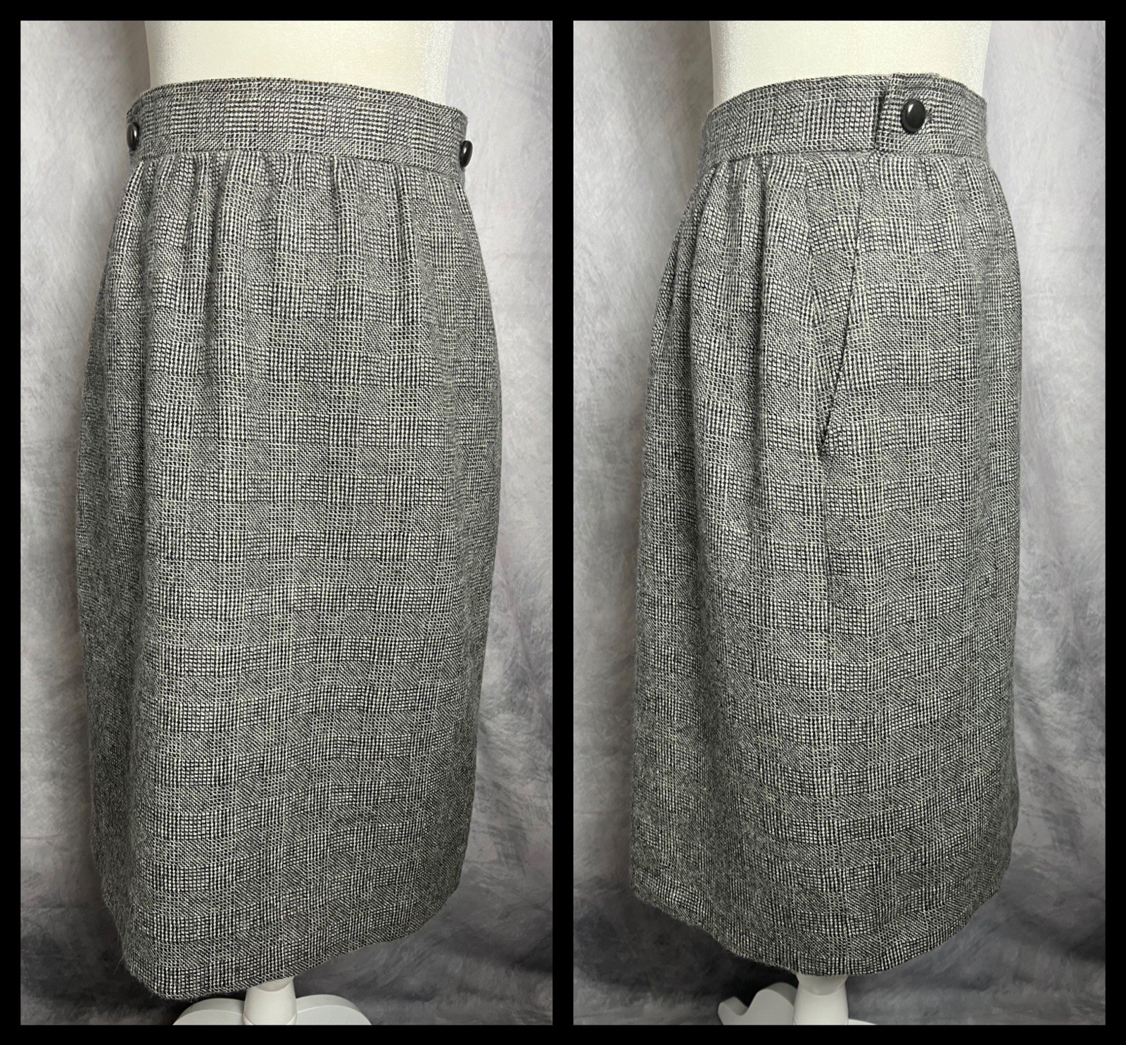 Vintage 1990s Chloé Gray Plaid Cashmere Blend Pleated Waist Knee Length Skirt 44