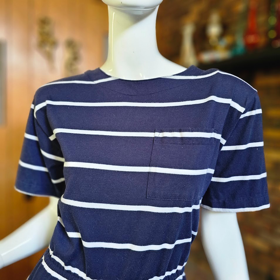 Vtg 90s Preppy Momcore Stripe Navy Playsuit Shorts Mini Dress T-Shirt Romper S/M