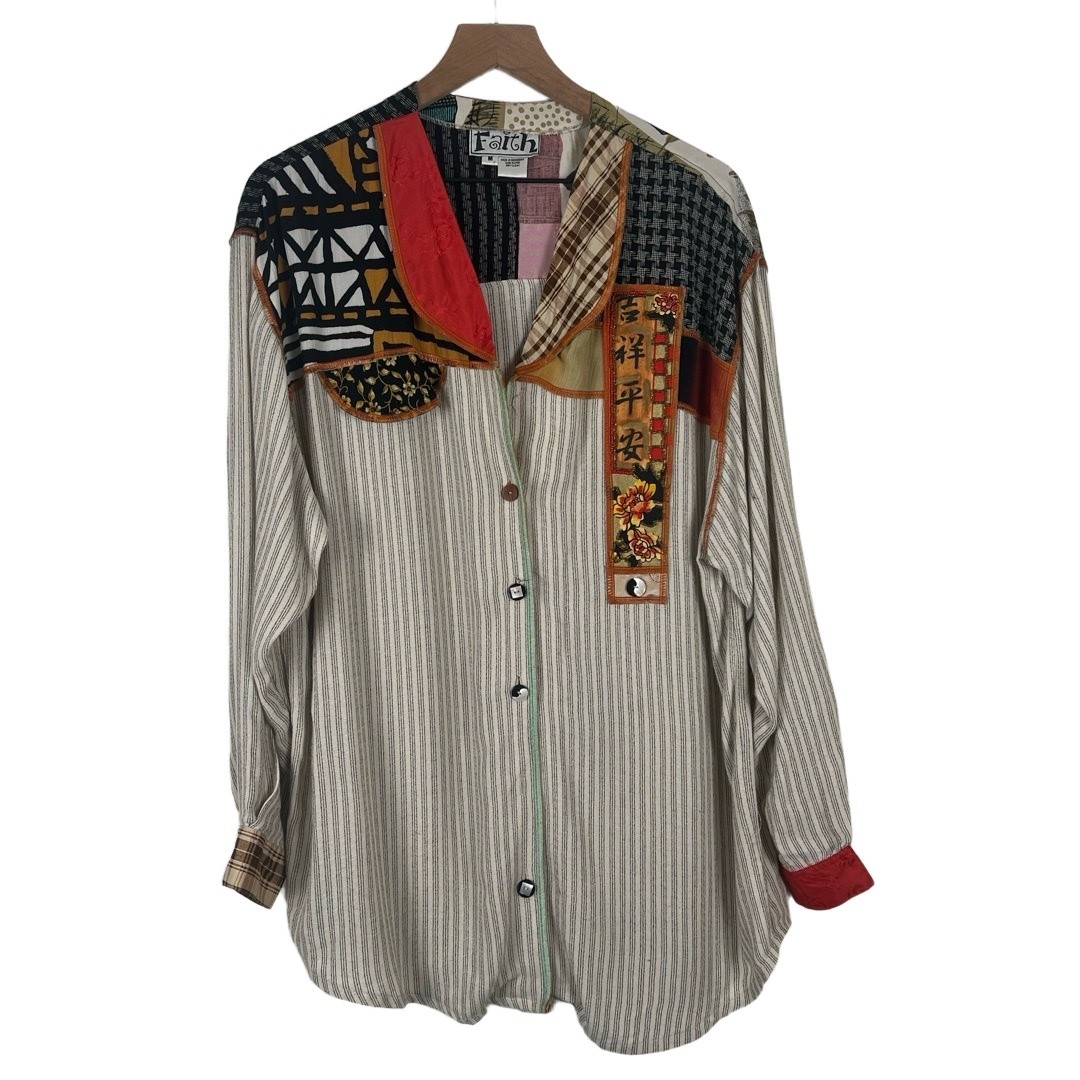 Faith Vintage Womens Button Up Shirt Medium Multicolor Patchwork Beaded Funky