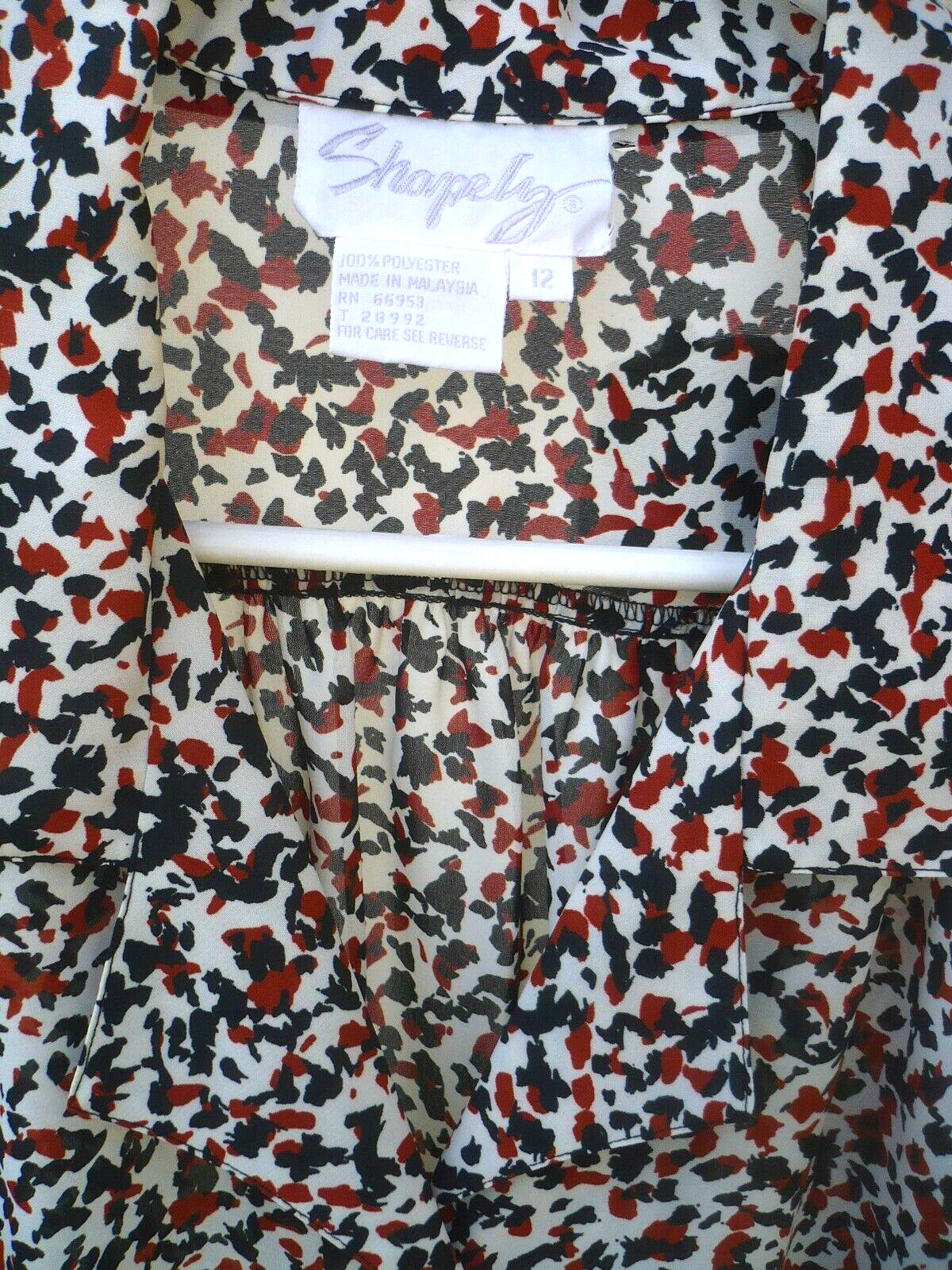 VTG 80S SHAPELY L 12 GEOMETRIC CONFETTI BROWN BLACK WHITE SILKY SHIRT CAP BLOUSE