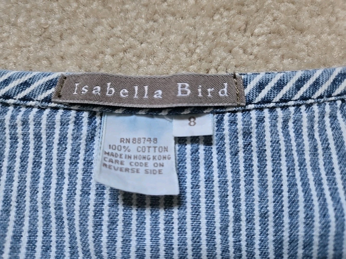 Isabella Bird Anthro denim midi dress 8 blue white stripe short cap sleeve
