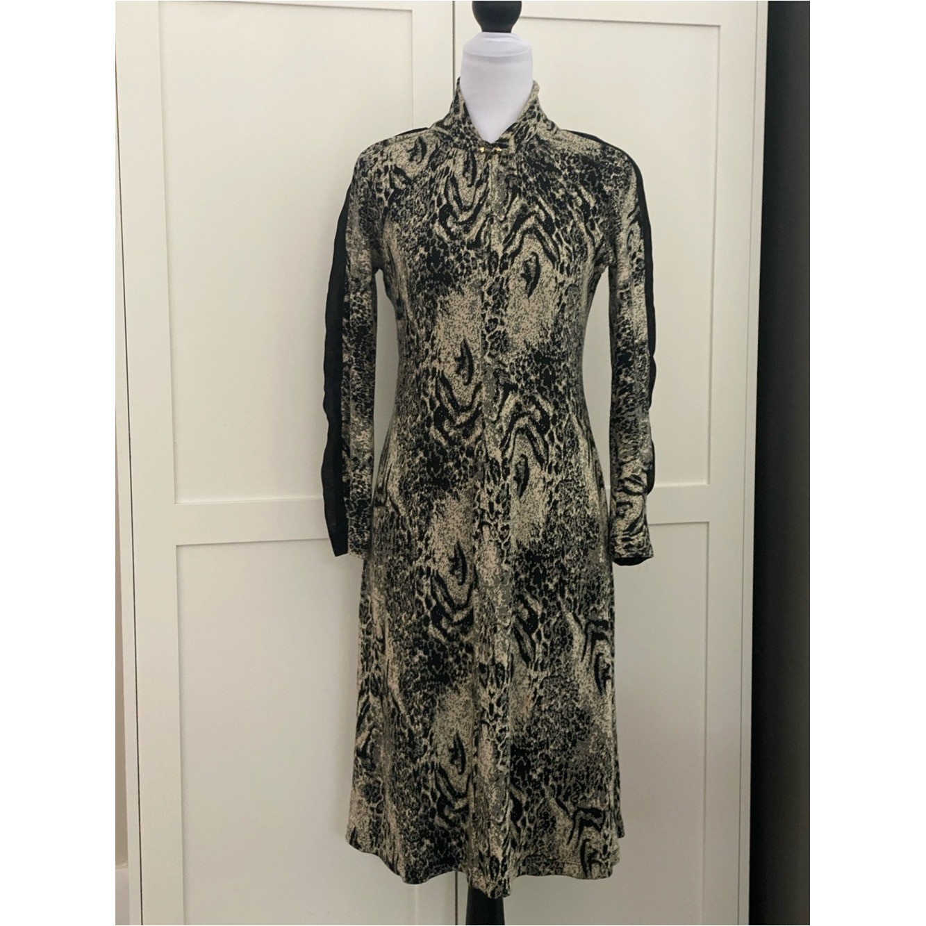 Roberto Cavalli Vintage Black Cream Snakeskin Wool Long Sleeve Dress Medium