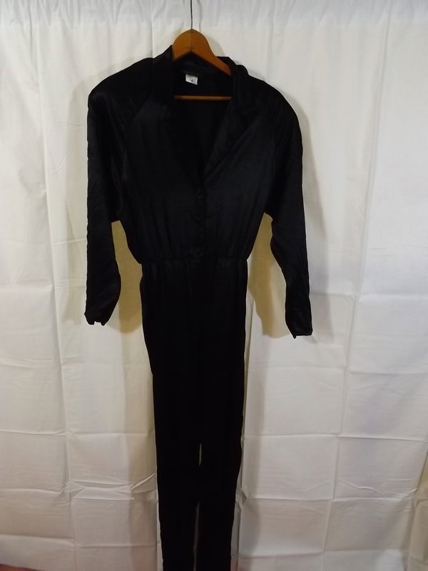 Vtg 1980s Justine JET BLACK SATIN JUMPSUIT Womens 7-8 Classy Curvy Cat Suit