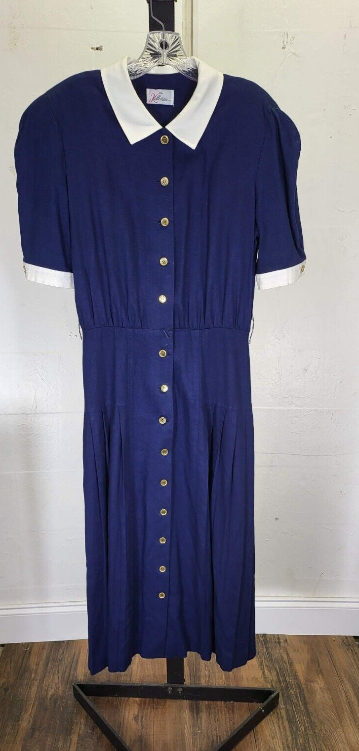 Vintage Blue Dress Peter Pan Collar Gold Buttons Size 12 The Kollection INC