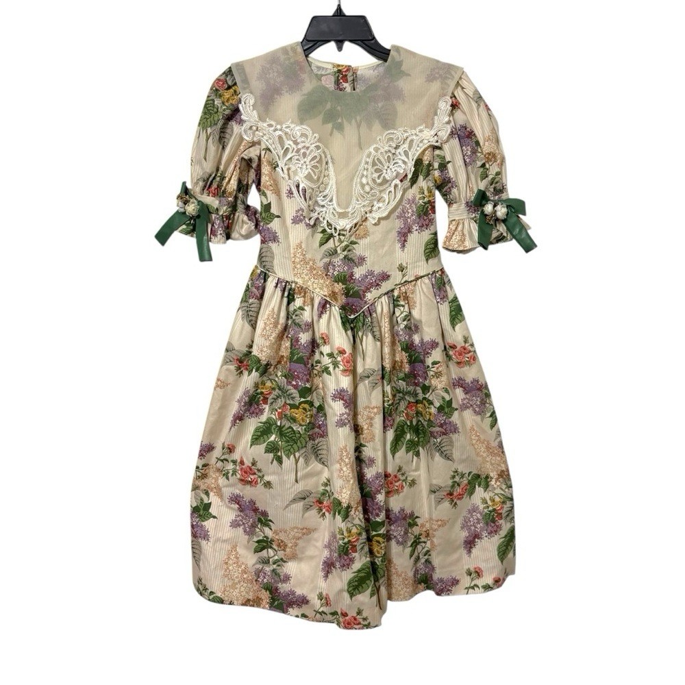 Vintage Jinelle Size 14 Floral Mesh Lace Neck Mini Dress Victorian Cottagecore