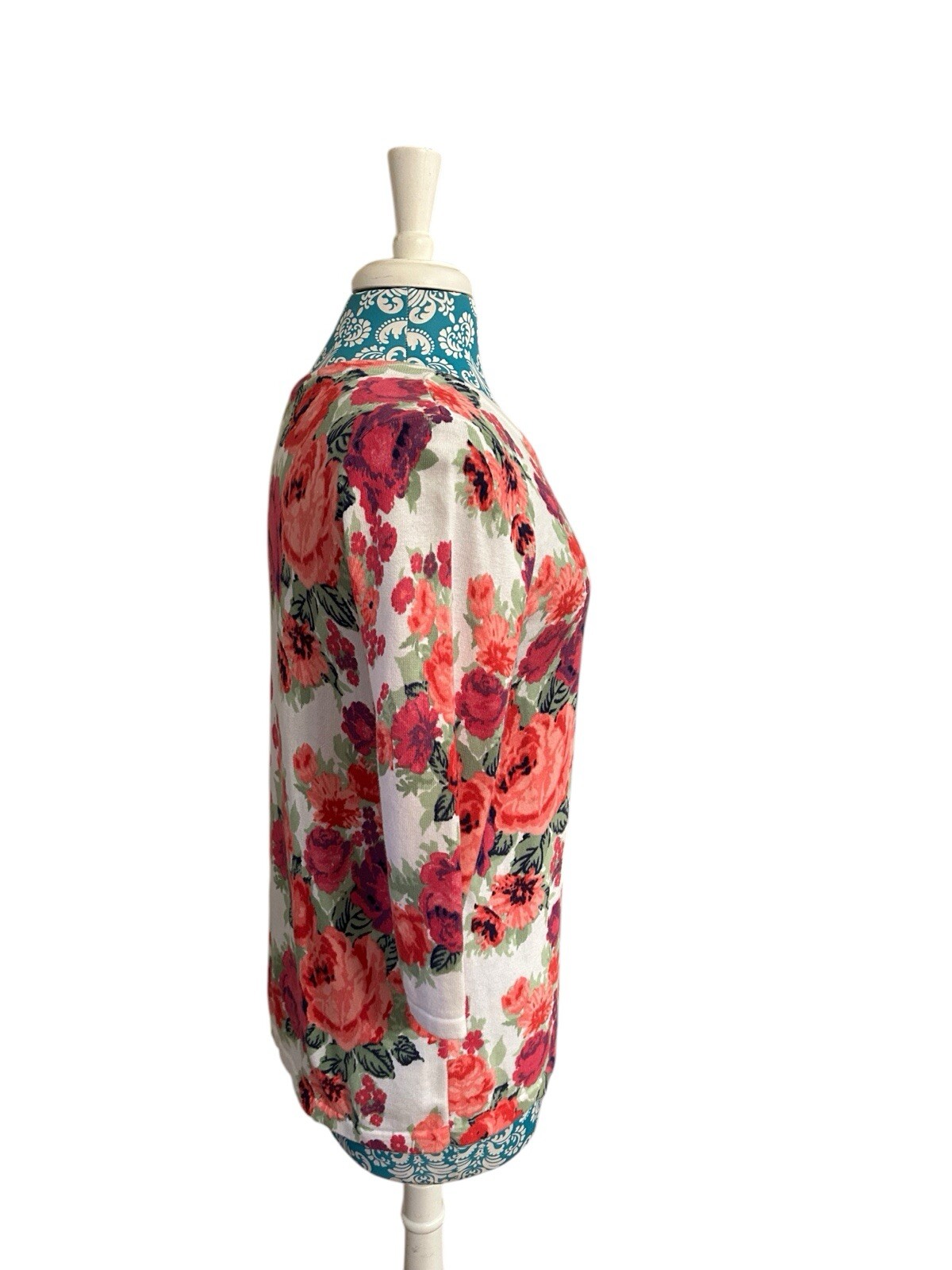 Vintage Laura Scott Floral Pink & Aqua Roses Cardigan Sweater Cottagecore Shabby
