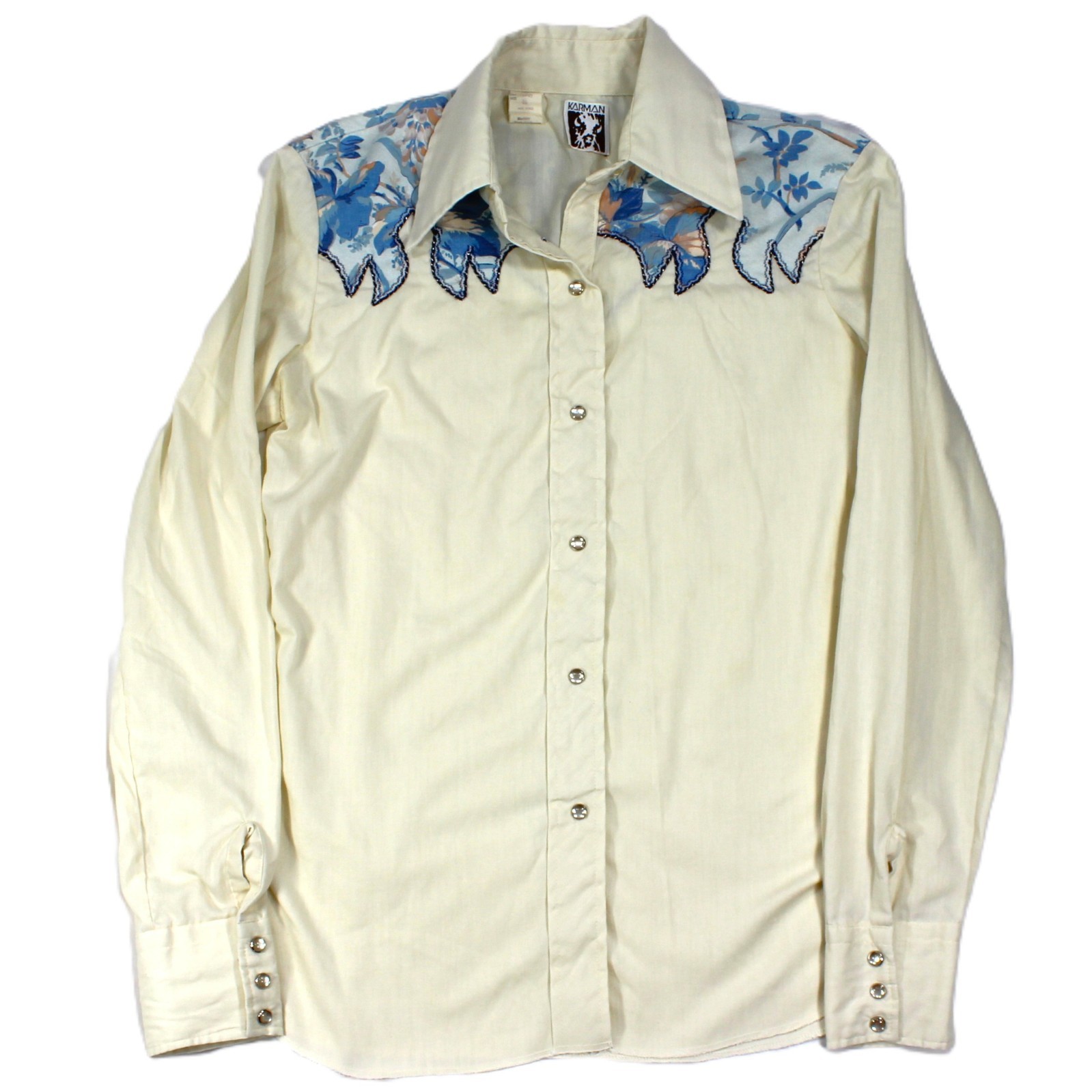 Vintage 70s Karman Western Shirt S/M Thin Floral Embroider Flame Snap Yoke USA