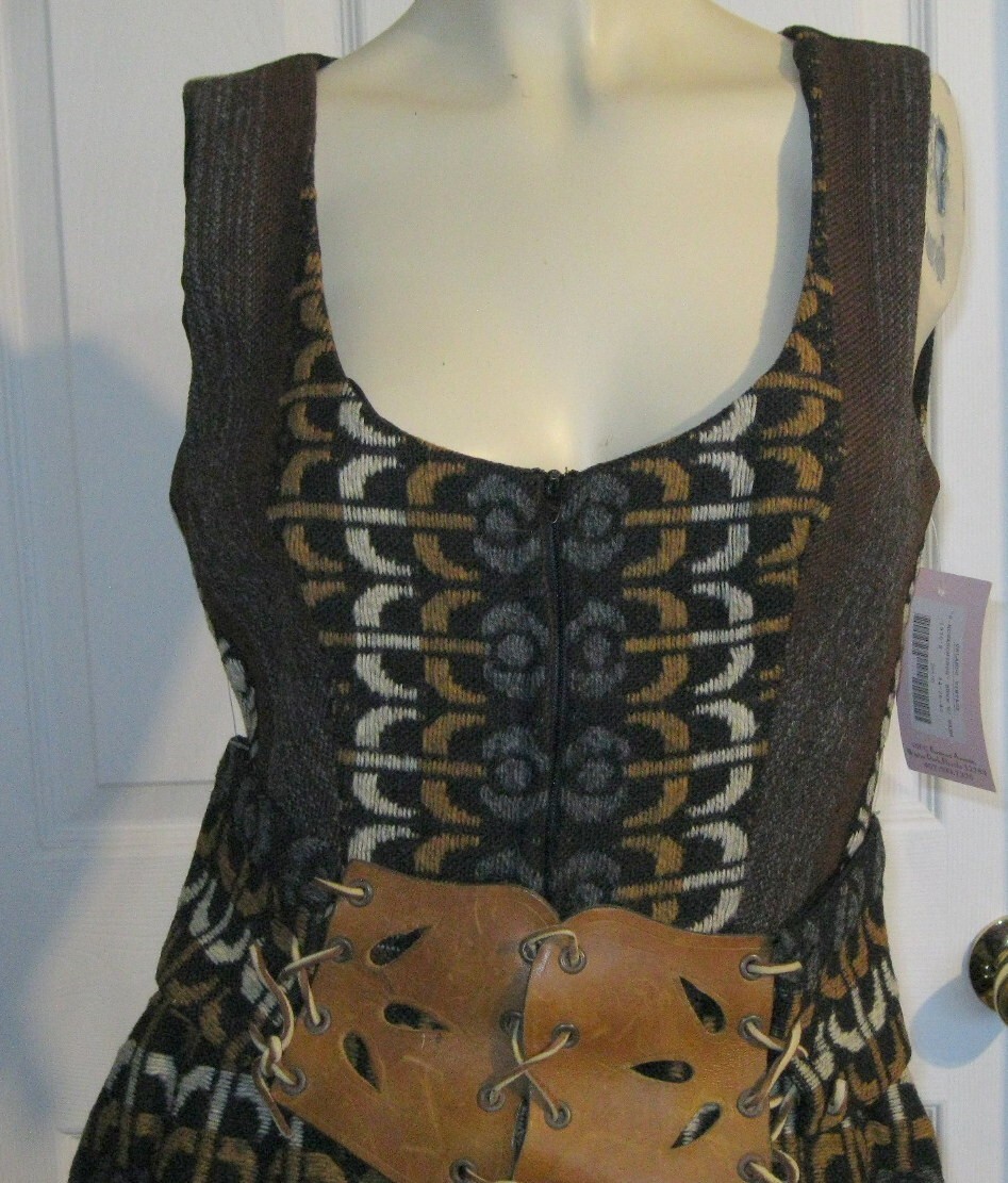 Vintage S Howard Hirsh California Woven Wool Tapestry Dress Leather Belt