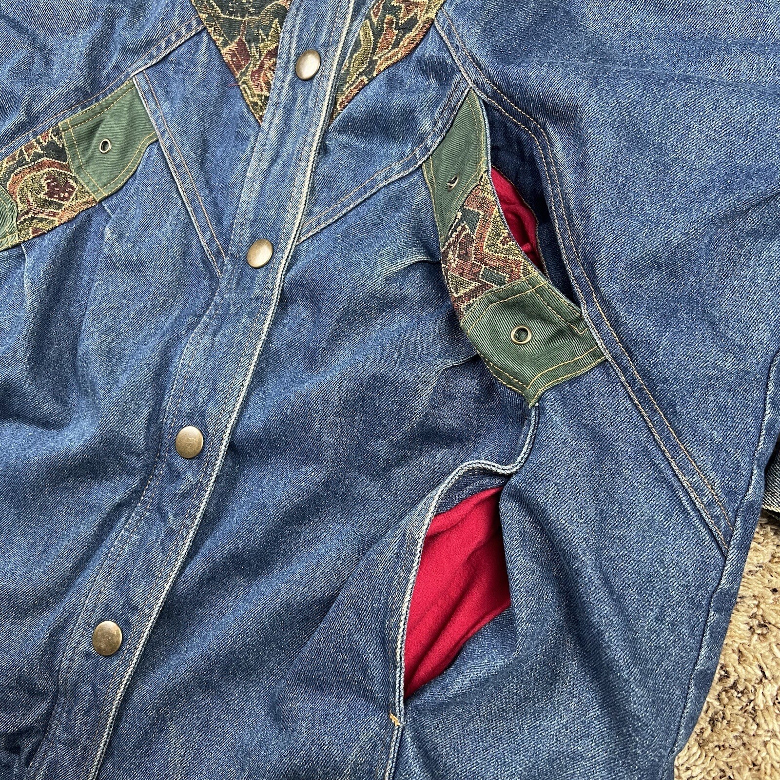Vintage 90s Two Twenty Women’s Blue Denim Patchwork Winter Lined Jacket XL Long