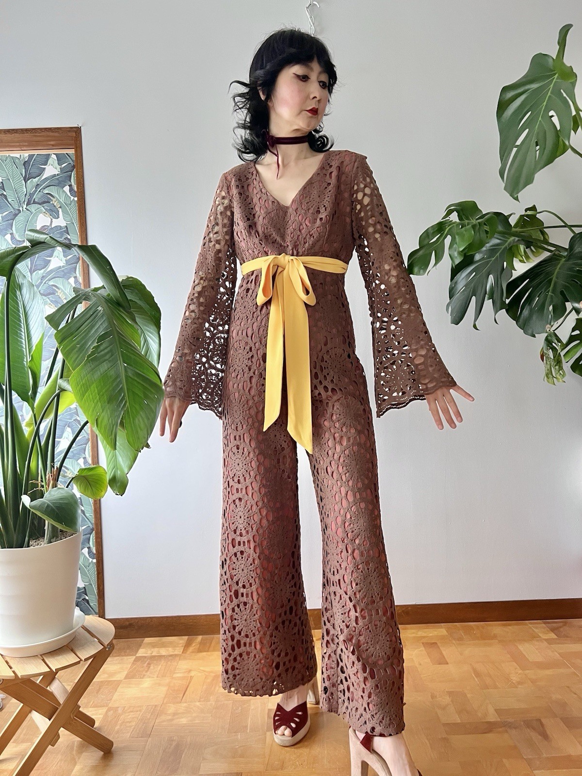 60s 70s Joy Stevens California Crochet Lace Bell Sleeve Flared Wide Leg Jumpsuit